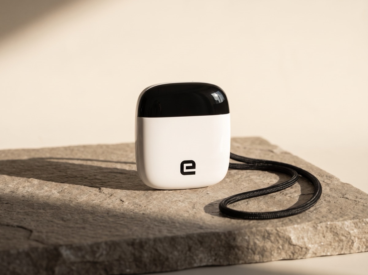 The E connector: a small two-tone pebble-shaped fob, glossy white with a black cap and lanyard loop, carrying a small e logomark
