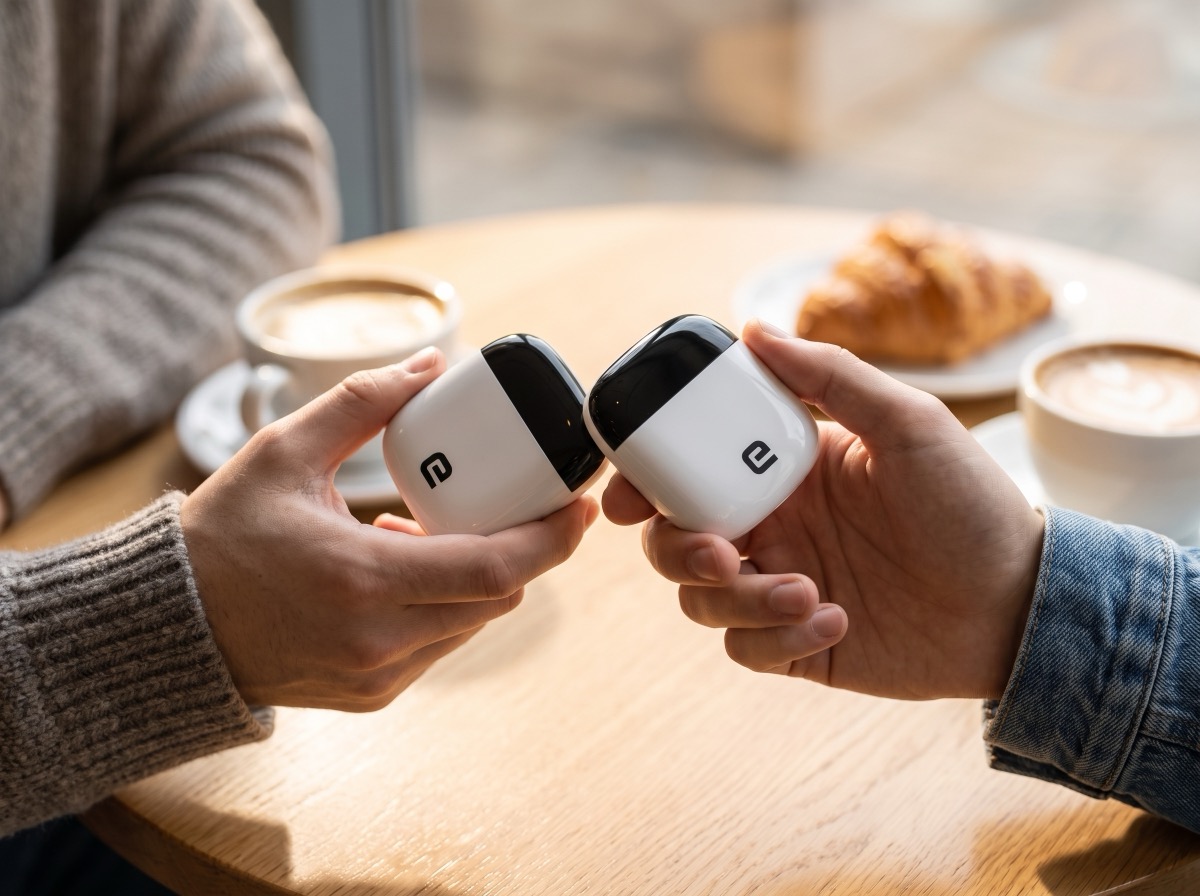 Two E connectors touched tip to tip to exchange digital business cards