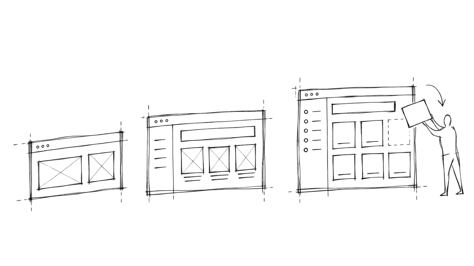 Pen sketch of three successive interface iterations, with a person placing a card into the latest version.