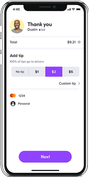 Lyft rider app: rate and tip
