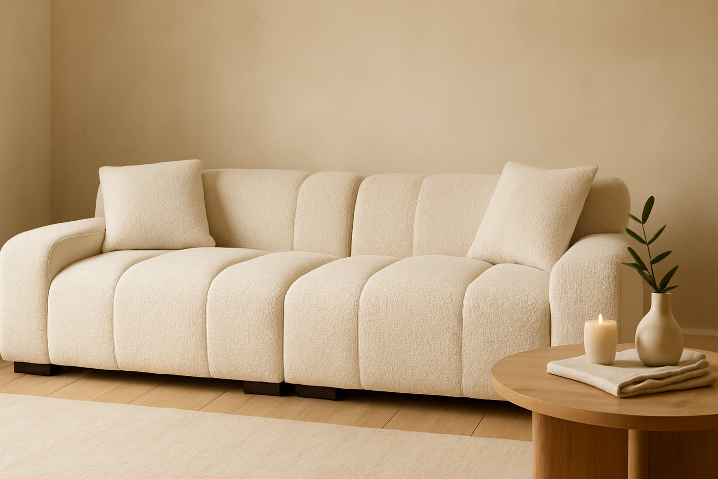 Oak & Velvet bouclé sofa in a styled living room